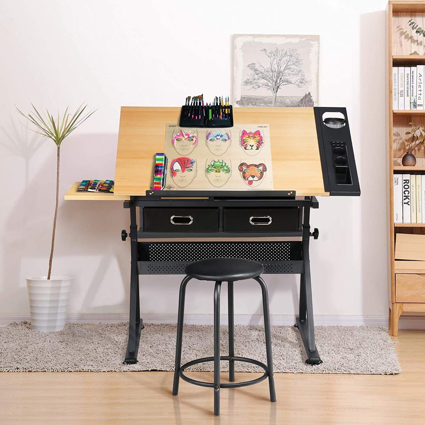 Adjustable Drafting &  Drawing Table Artist Desk Tilting Tabletop Art Craft Work Station with Storage Drawers and Stool